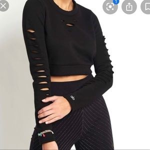 ALO Ripped Black Crop Sweatshirt